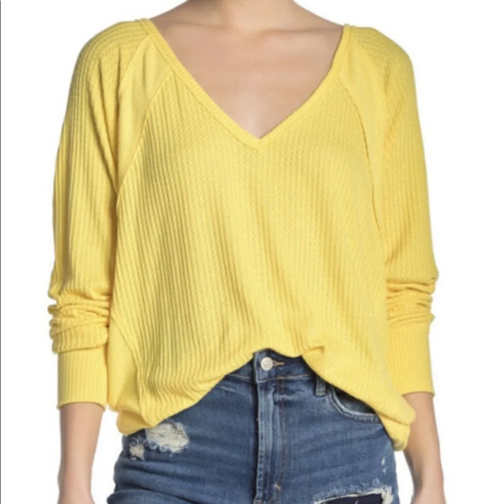 Free People | Santa Clara Thermal Yellow Long Sleeve V Neck Waffle Knit Top